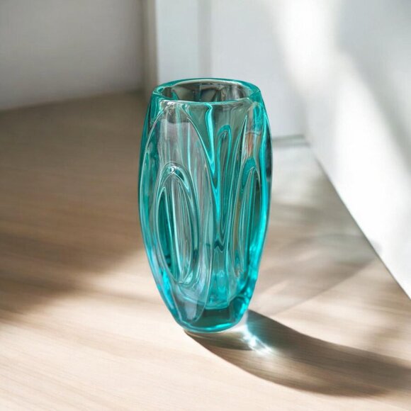 Czech Sklo Union Rosice Blue/Green Lens Bullet Vase – Rudolf Schrötter – 1960s - Picture 2 of 13